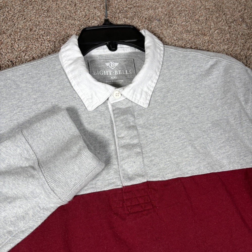 Eight Bells Mens XXL Gray Maroon‎ Striped Long Sleeve Cotton Rugby Polo Shirt